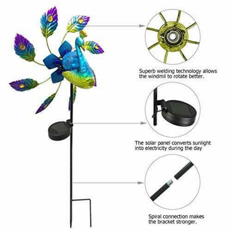 Solar Powered Peacock Metal Wind Spinner