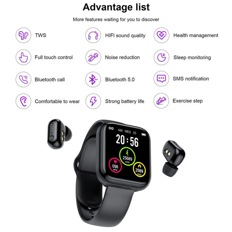 2 in 1 Smart Watch Wireless Bluetooth Earphones