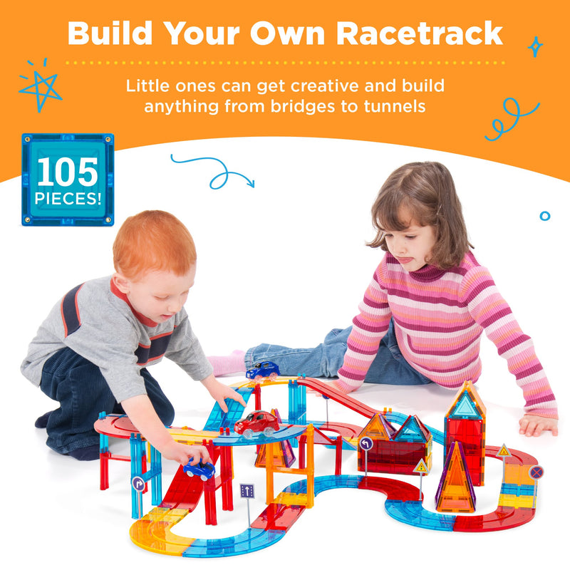 105-Piece Kids Magnetic Racetrack Tiles Set