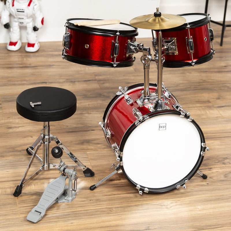 Kids Beginner 3-Piece Drum, Musical Instrument Set with Sticks, Stool and Pedal
